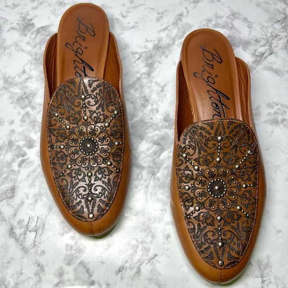 Brighton Shoes - Brighton Icon Vacchetta Leather Studded Medallion Laser Slip On Mule Shoes EUC